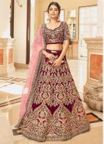 Velvet Maroon Bridal Wear Embroidery Work Lehenga Choli